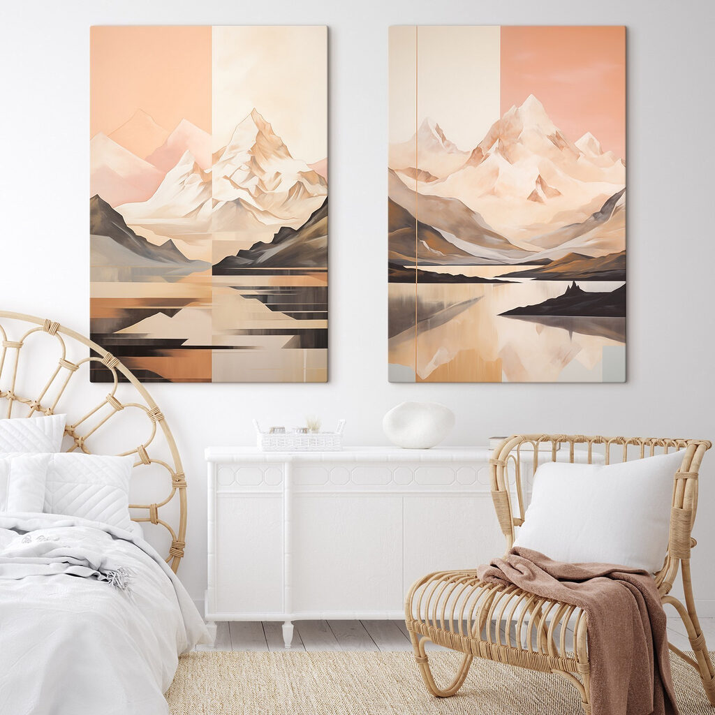 Painting of mountains and a lake