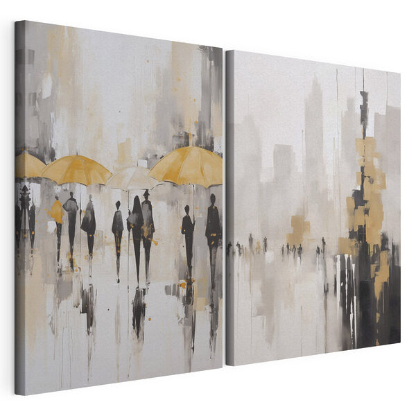 Painting of people walking with umbrellas