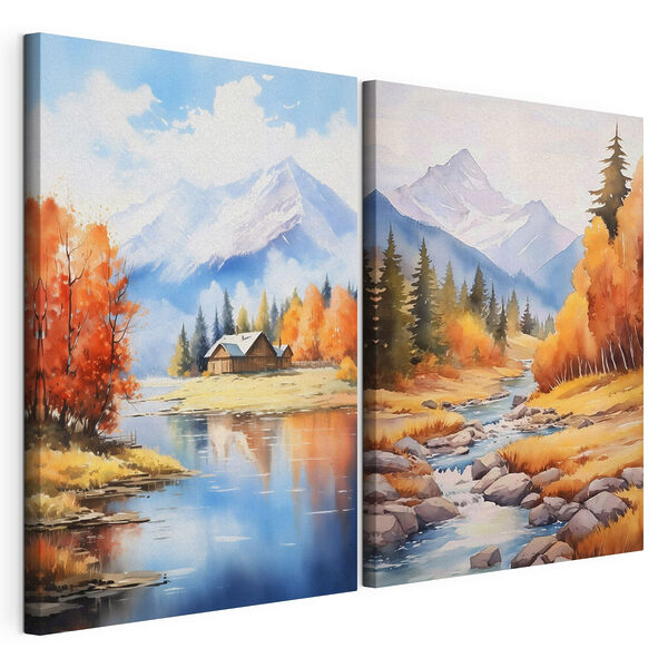 Modularer Leinwanddruck Aquarellbild eines Hauses und eines Flusses