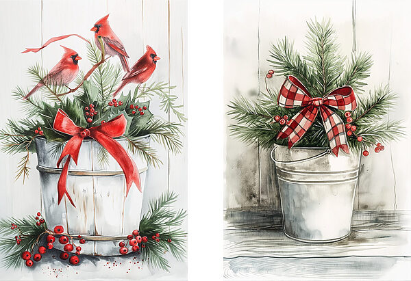Two watercolor paintings of birds and a bucket of plants