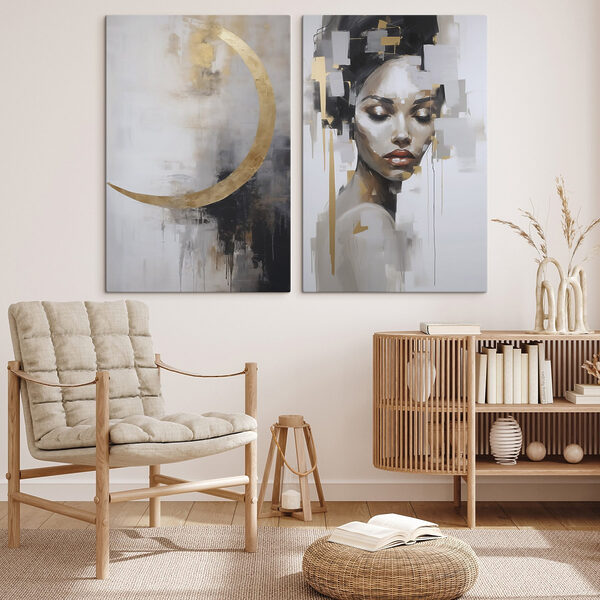 Painting of a woman and a painting of a moon
