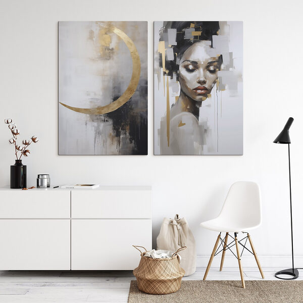 Painting of a woman and a painting of a moon