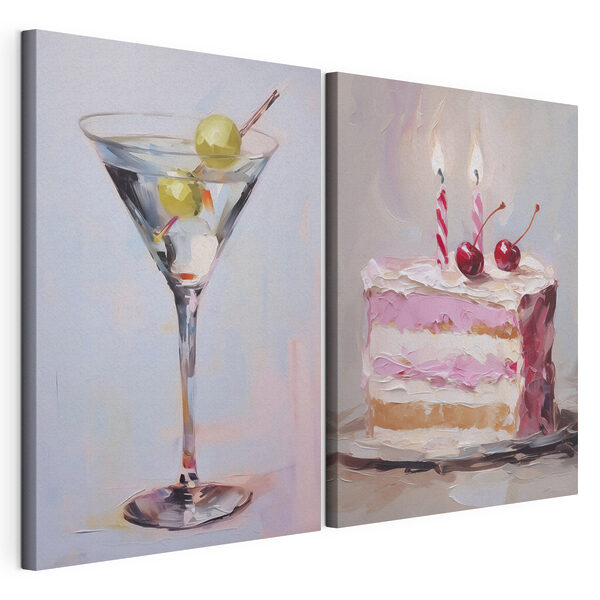 Modularer Leinwanddruck Gemälde, das einen Kuchen und ein Martini-Glas mit Früchten darauf zeigt