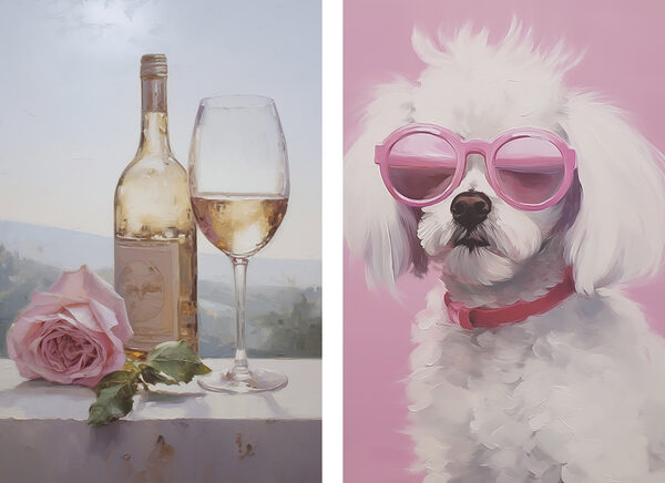 Painting of a dog and a wine glass