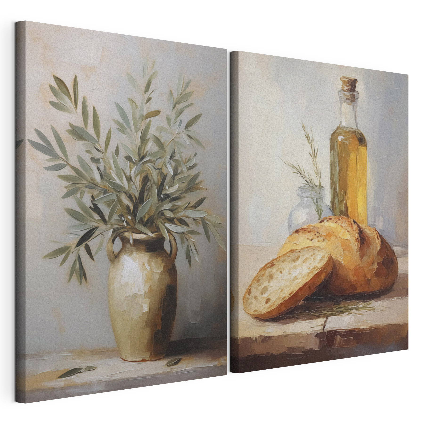 Painting of food and a vase of olive oil