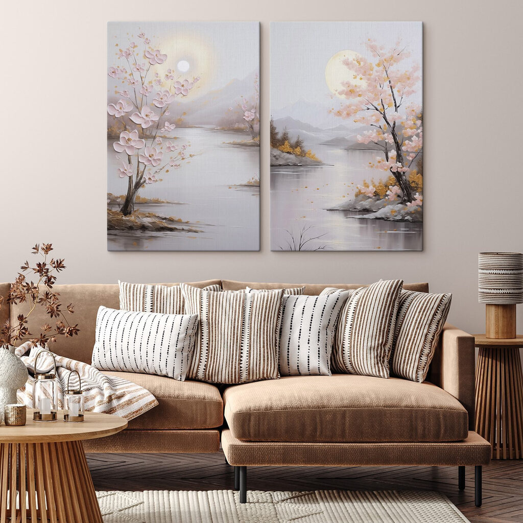Painting of a river and a tree with pink flowers
