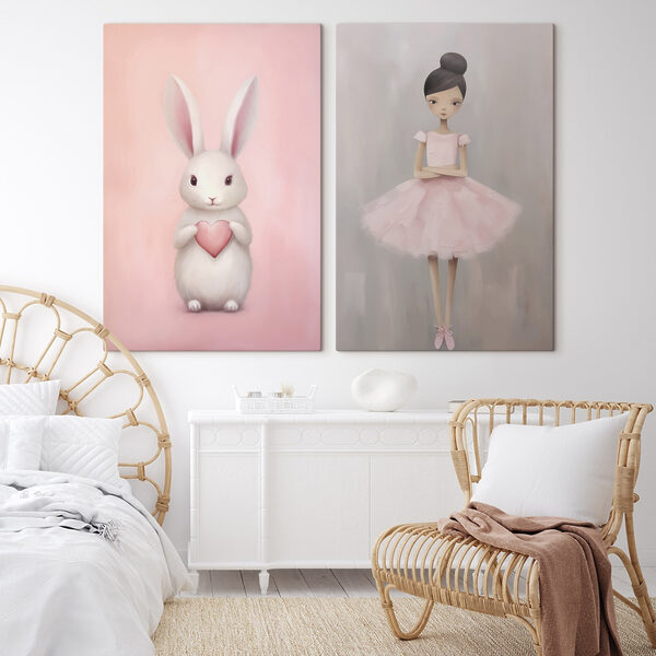 Two paintings of a girl and a rabbit