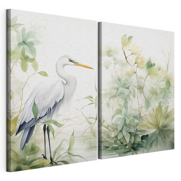 White bird with a long beak and a long beak standing in front of a plant