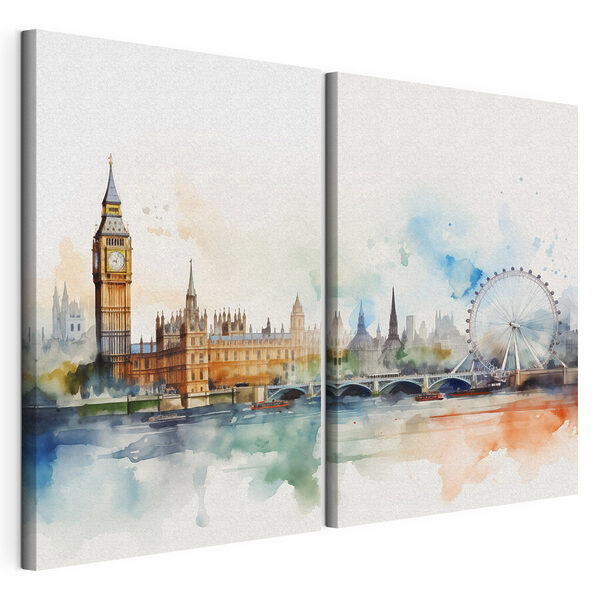 Modularer Leinwanddruck Aquarell einer Stadt und eines Riesenrads