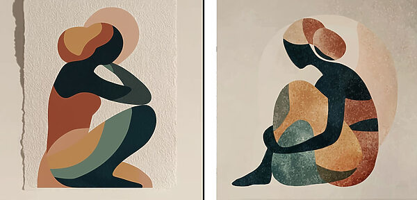 Two art pieces of a woman sitting down