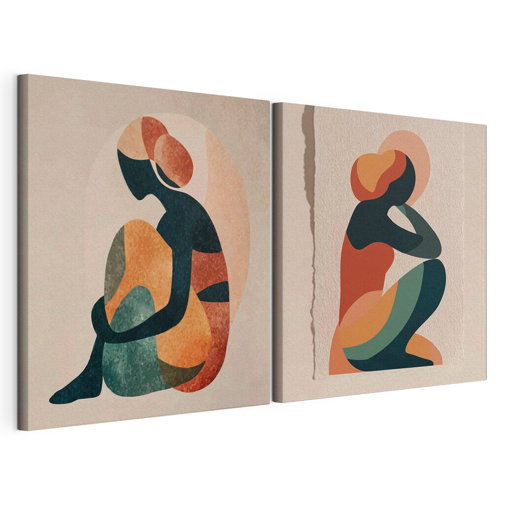 Two art pieces of a woman sitting down
