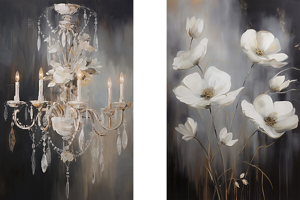 Painting of flowers and chandelier