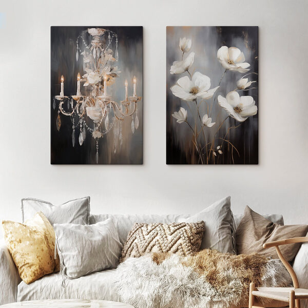 Painting of flowers and chandelier