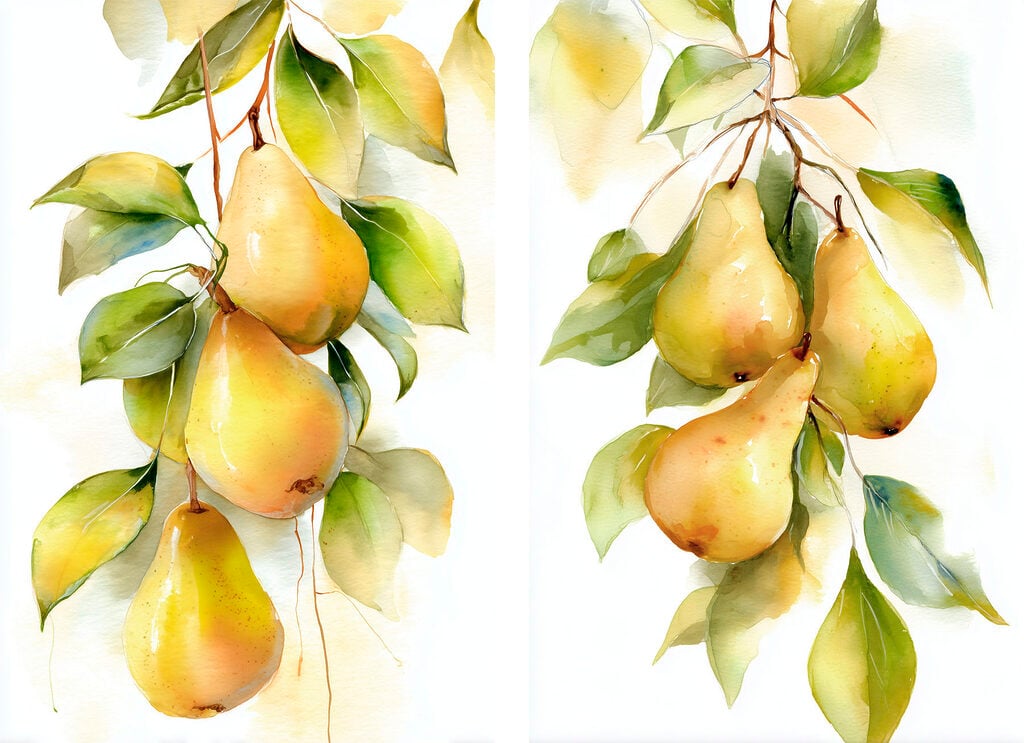 Watercolor painting of pears on a branch