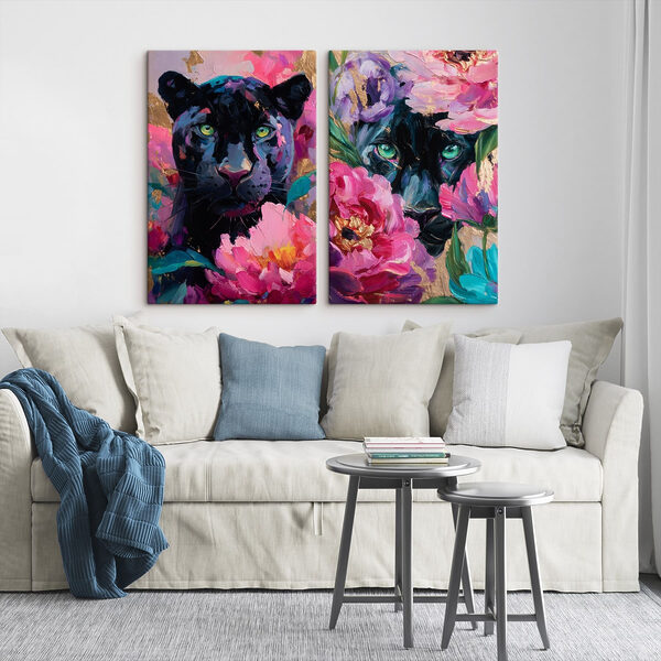 Painting of a panther and a panther with flowers