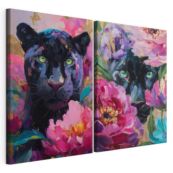 Painting of a panther and a panther with flowers