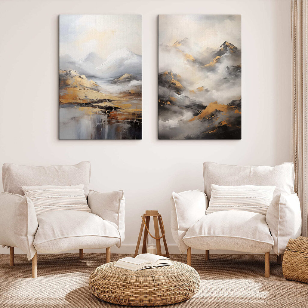 Painting of mountains with clouds