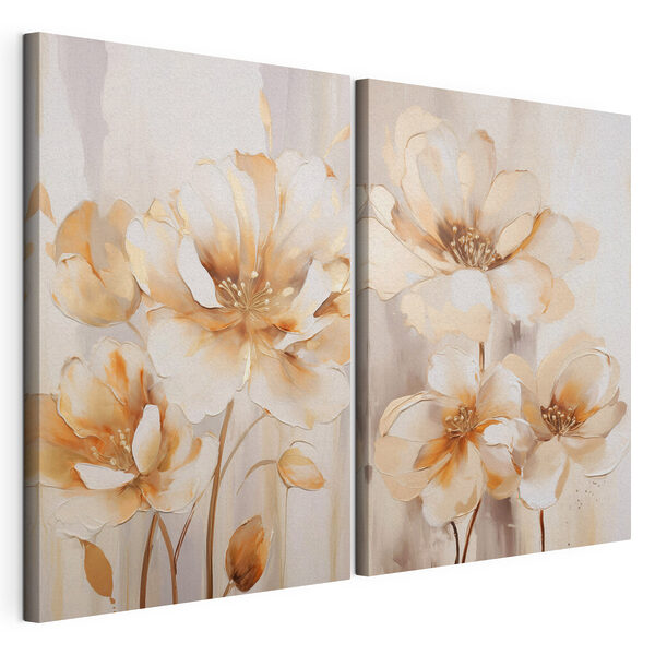 Modularer Leinwanddruck Zwei Blumenbilder auf beigem Hintergrund
