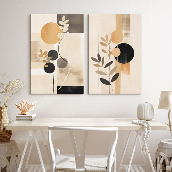 Two paintings of circles and leaves