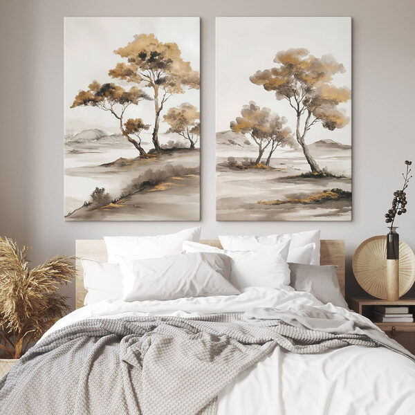 Painting of trees in a desert