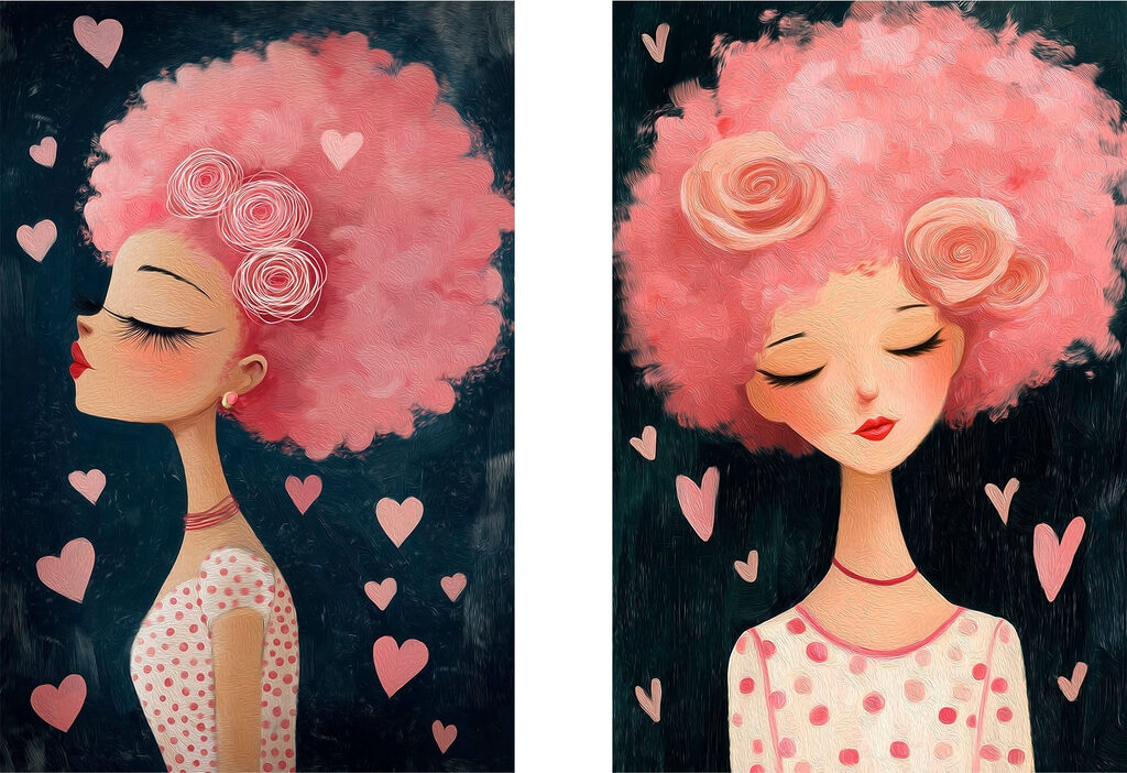 Collage of a woman with pink hair