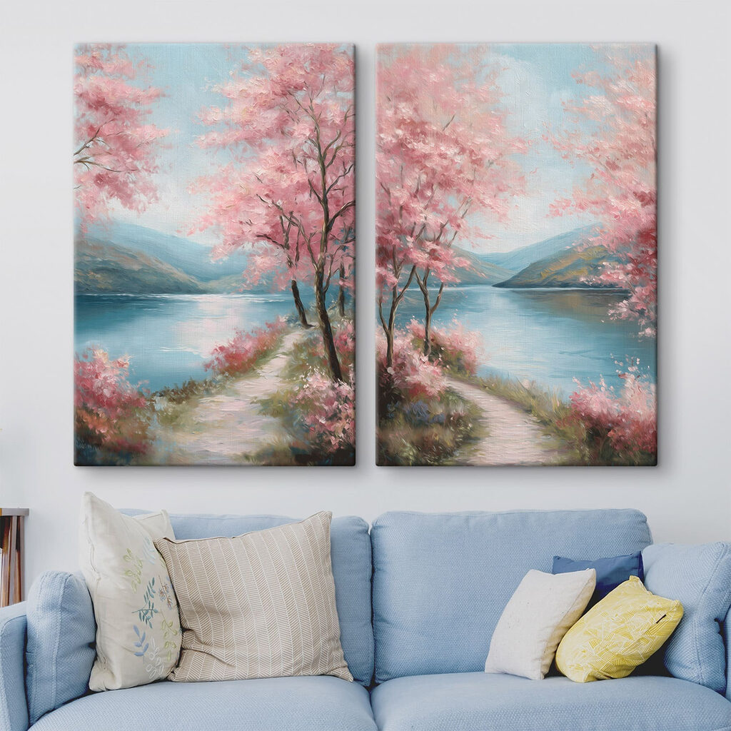 Painting of a path by a lake with pink flowers