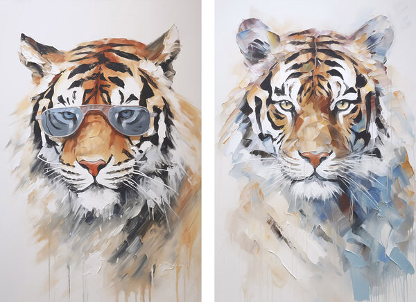 Two pictures of tigers wearing sunglasses