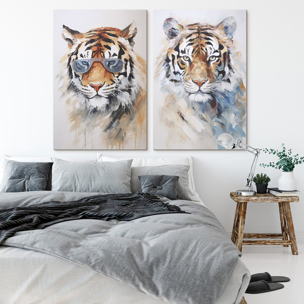 Two pictures of tigers wearing sunglasses