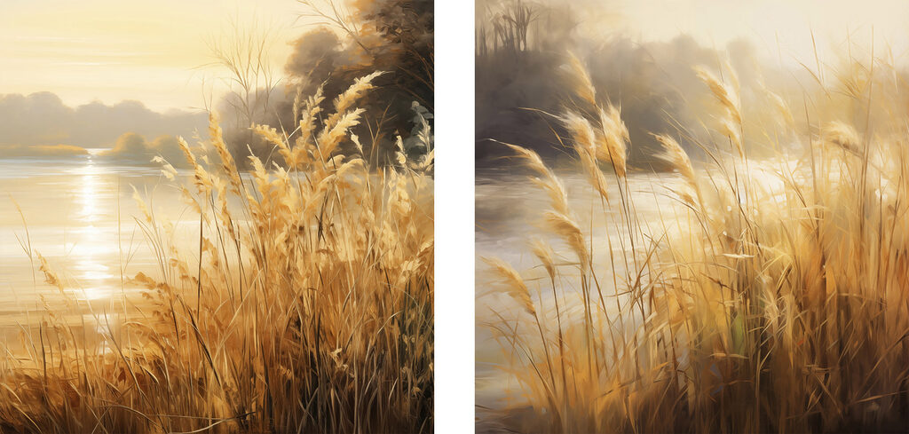 Painting of a river and a field of grass