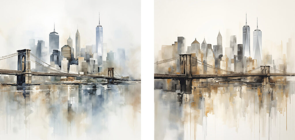 Painting of a city and a bridge
