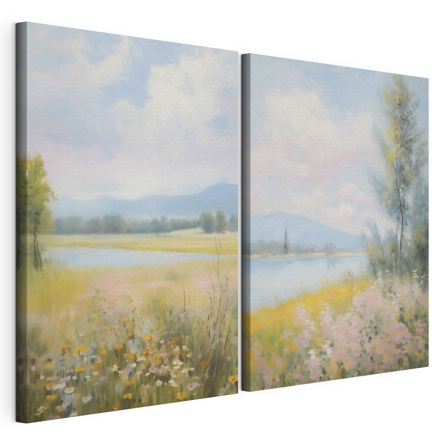 Painting of a landscape with a river and a field of flowers