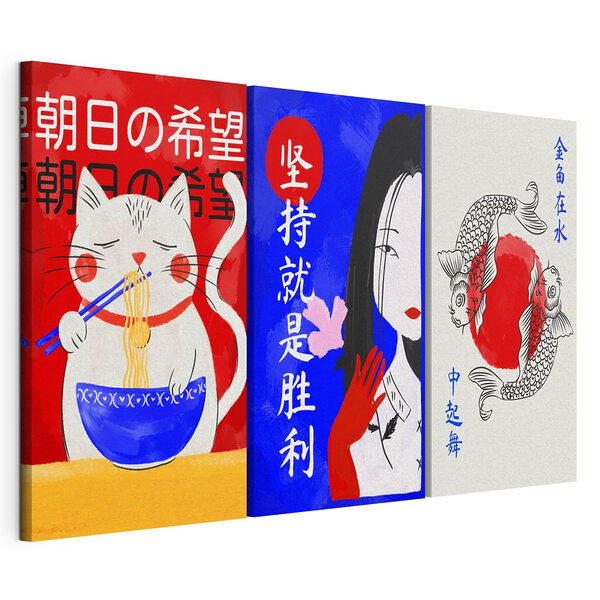 Modularer Leinwanddruck Collage aus Bildern von Fischen und einer Tasse