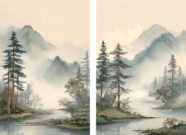 Painting of a river with trees and mountains