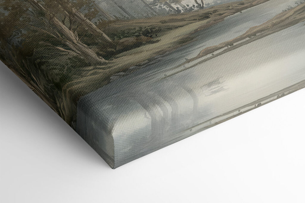Painting of a river with trees and mountains