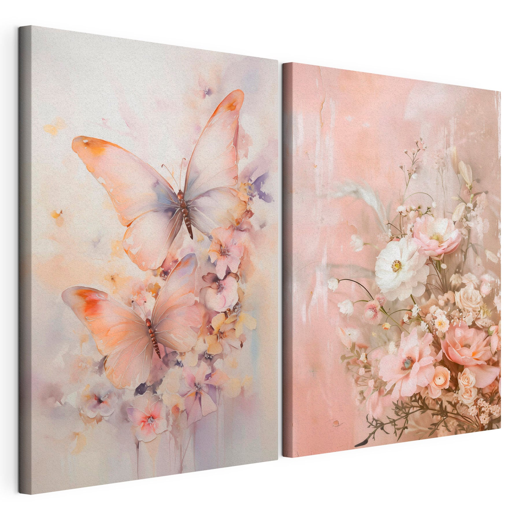 Two paintings of flowers and butterflies