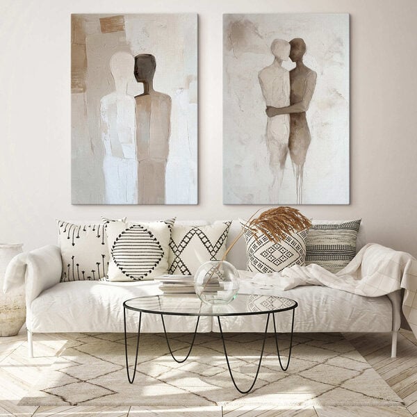 Two paintings of people hugging each other