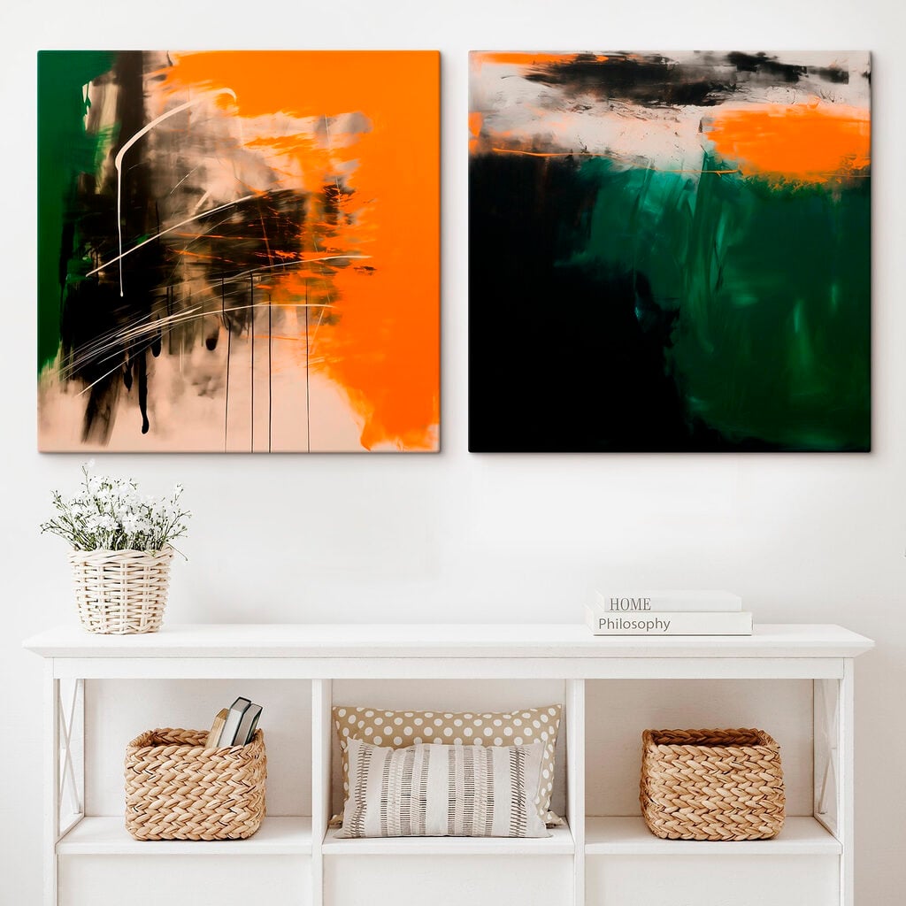 Two art pieces of orange and black