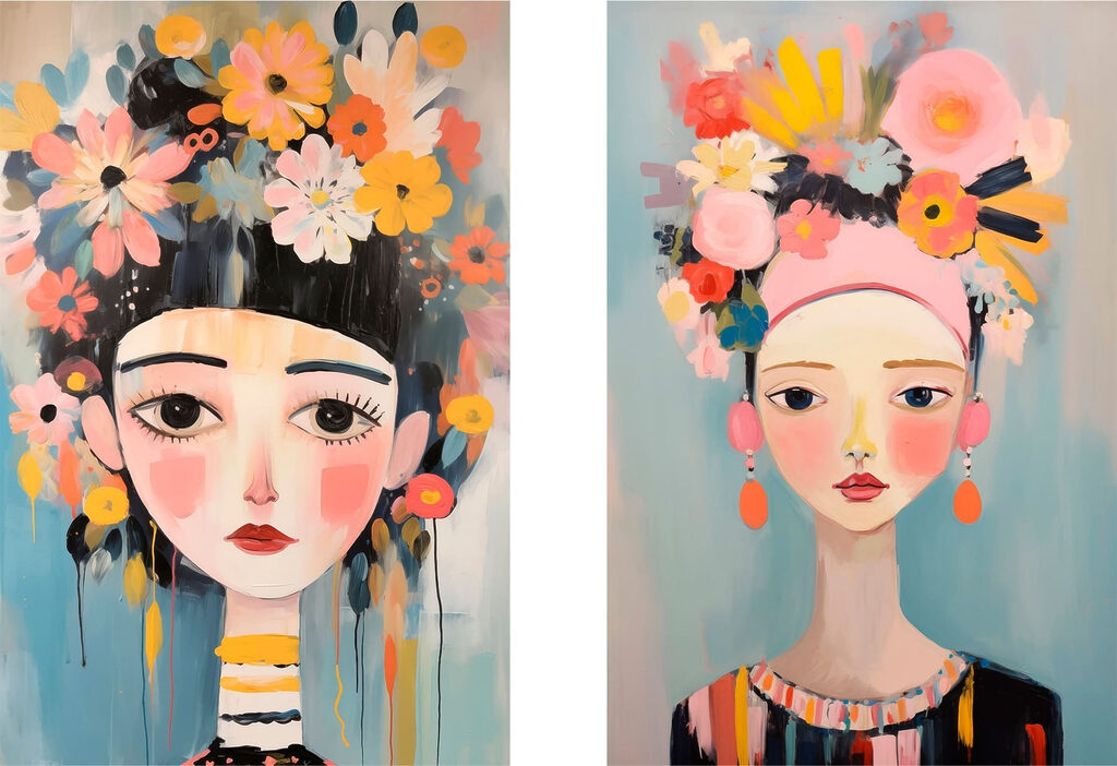 Two paintings of a woman with flowers