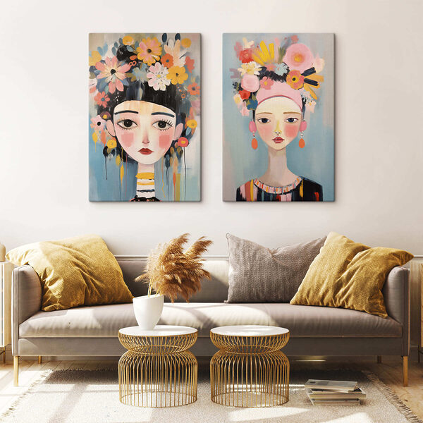 Two paintings of a woman with flowers
