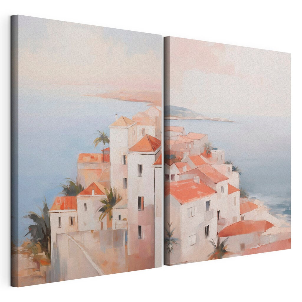 Painting of a town on a cliff