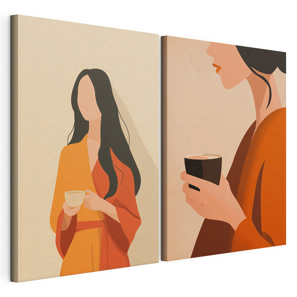 Modularer Leinwanddruck Frau, die eine Tasse Kaffee in der Hand hält