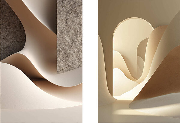 Collage of a room with a curved object