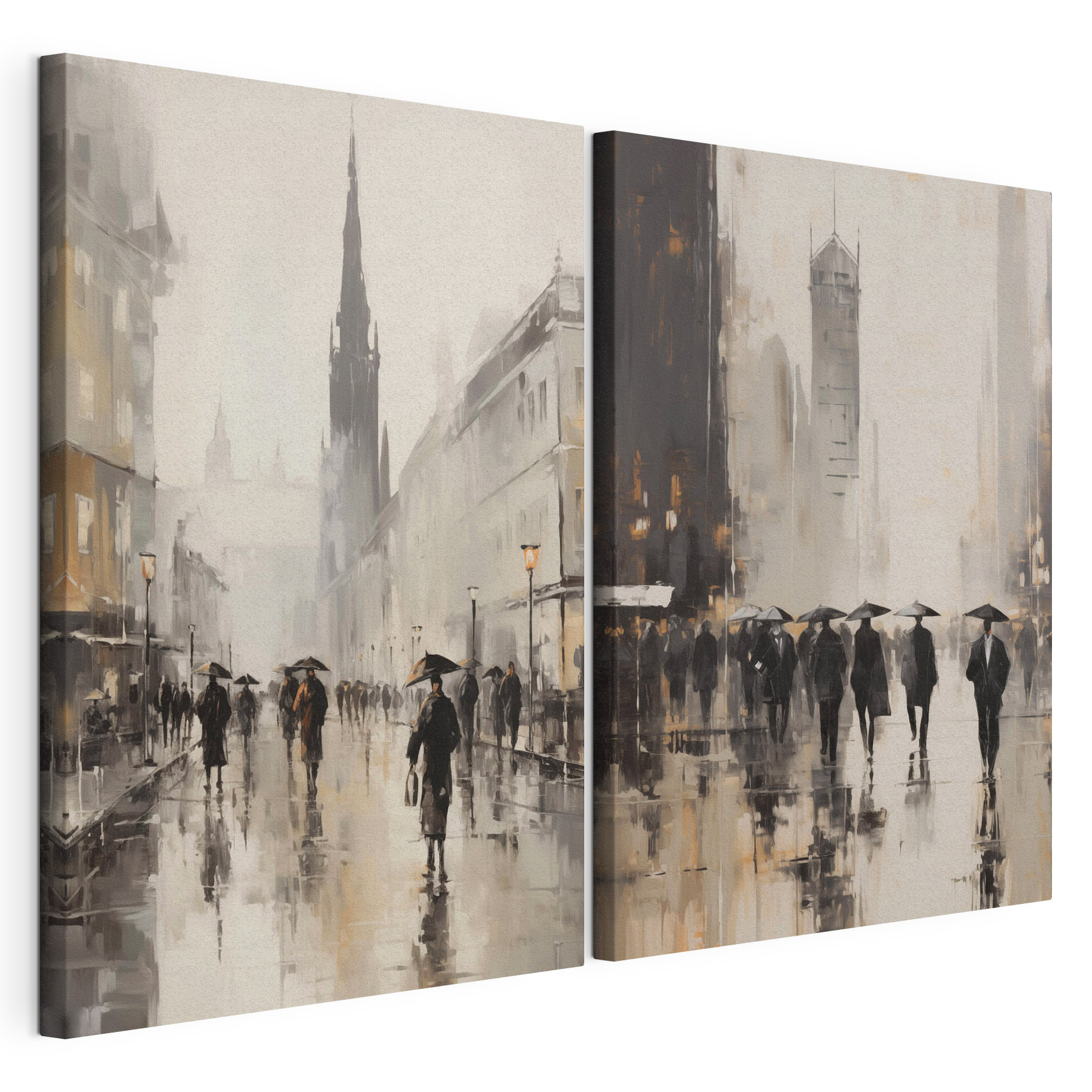 Painting of people walking with umbrellas