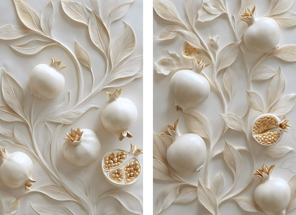 Elegant pomegranates amidst flowing leaves