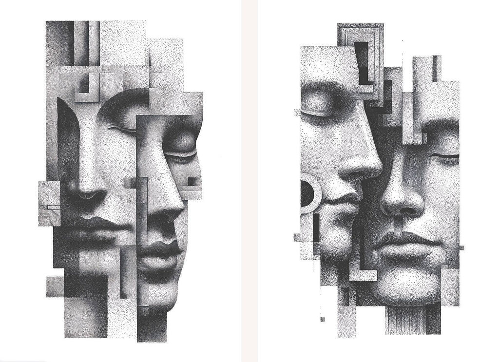 Faces intertwined in abstract harmony