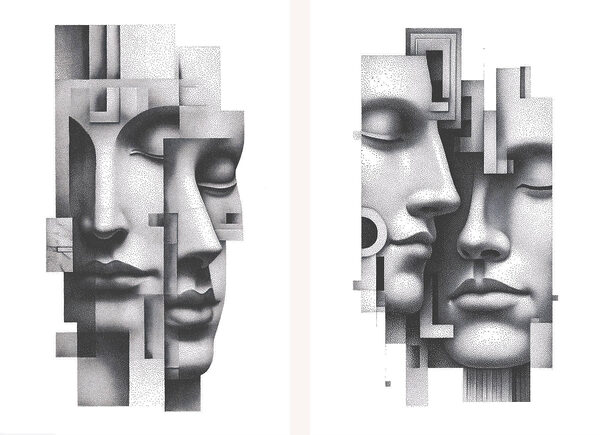 Faces intertwined in abstract harmony
