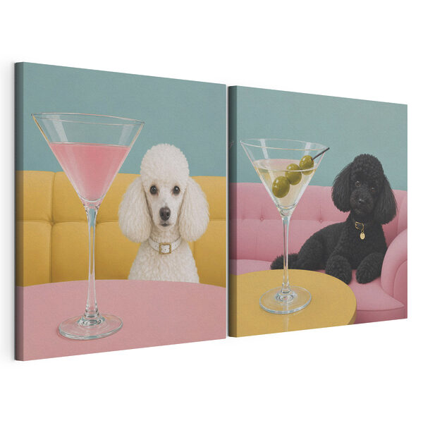 Modularer Leinwanddruck Hund, der mit einem Martini-Glas am Tisch sitzt