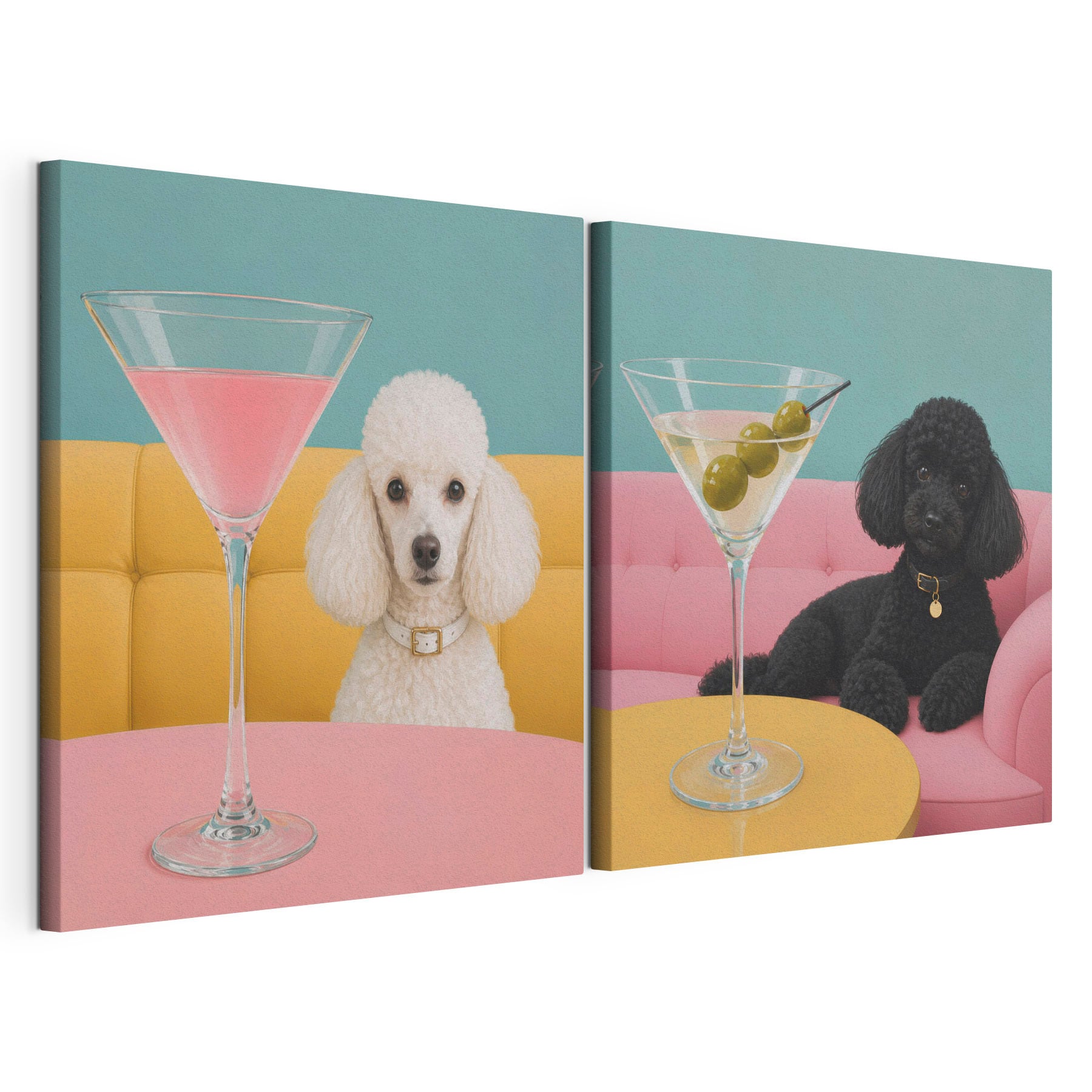 Dog sitting at a table with a martini glass