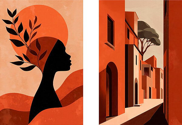 Woman with a hat on her head and a street with buildings