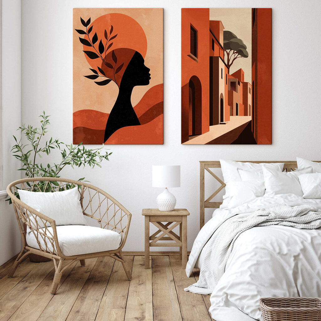 Woman with a hat on her head and a street with buildings